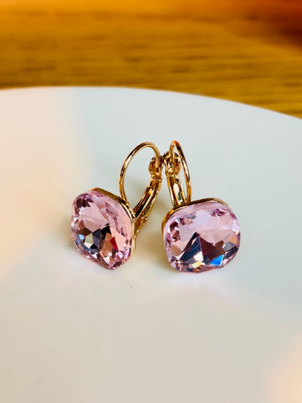 Rose Pink Square Crystal Drop Earrings Cushion Cut Assorted Finish In Gold Tone